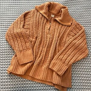 Aerie Cozy Tan Cable-knit Quarter-zip Sweater